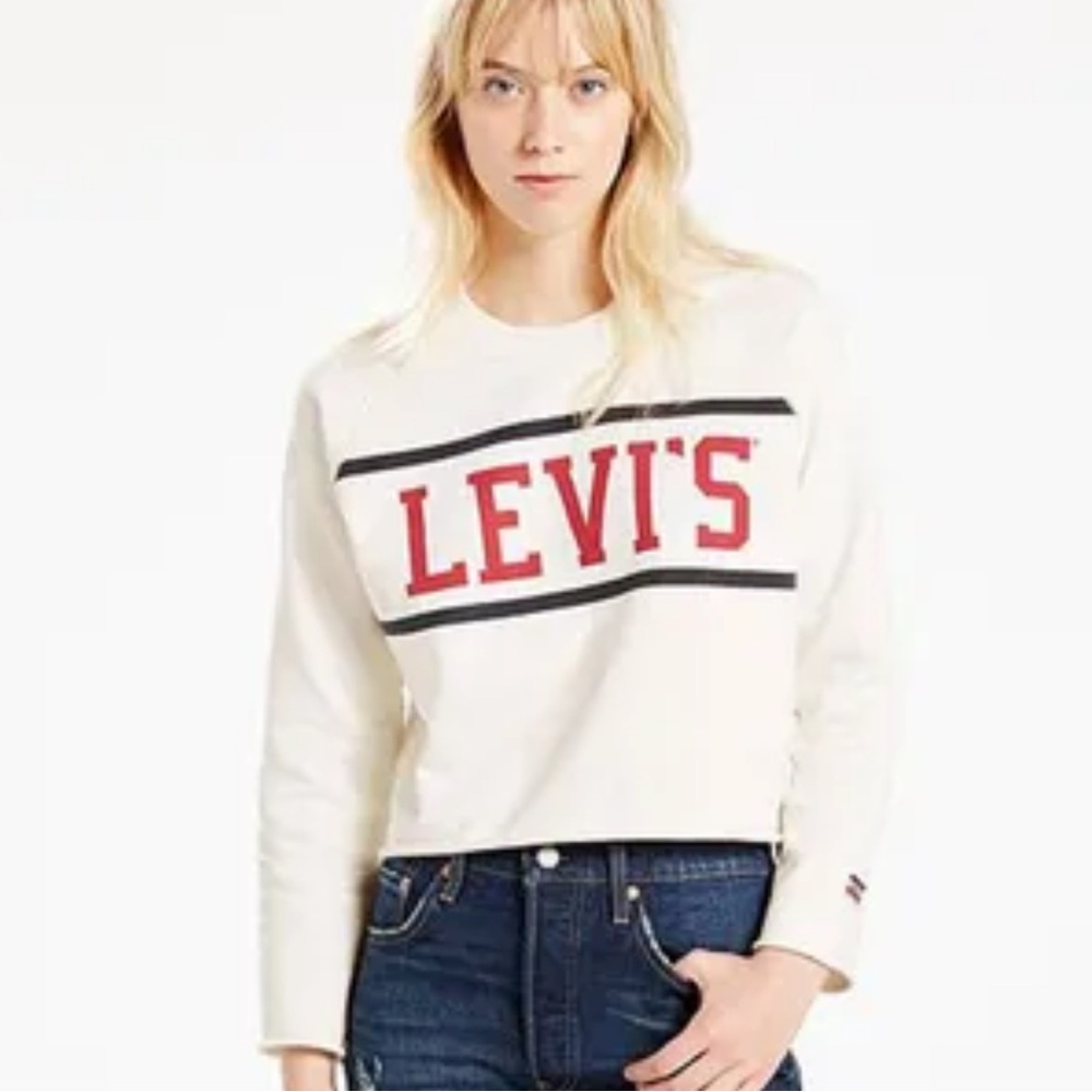 LEVIS | Logo Cream Raw Hem Crop Pullover Classic Vintage Vibe Sweatshirt